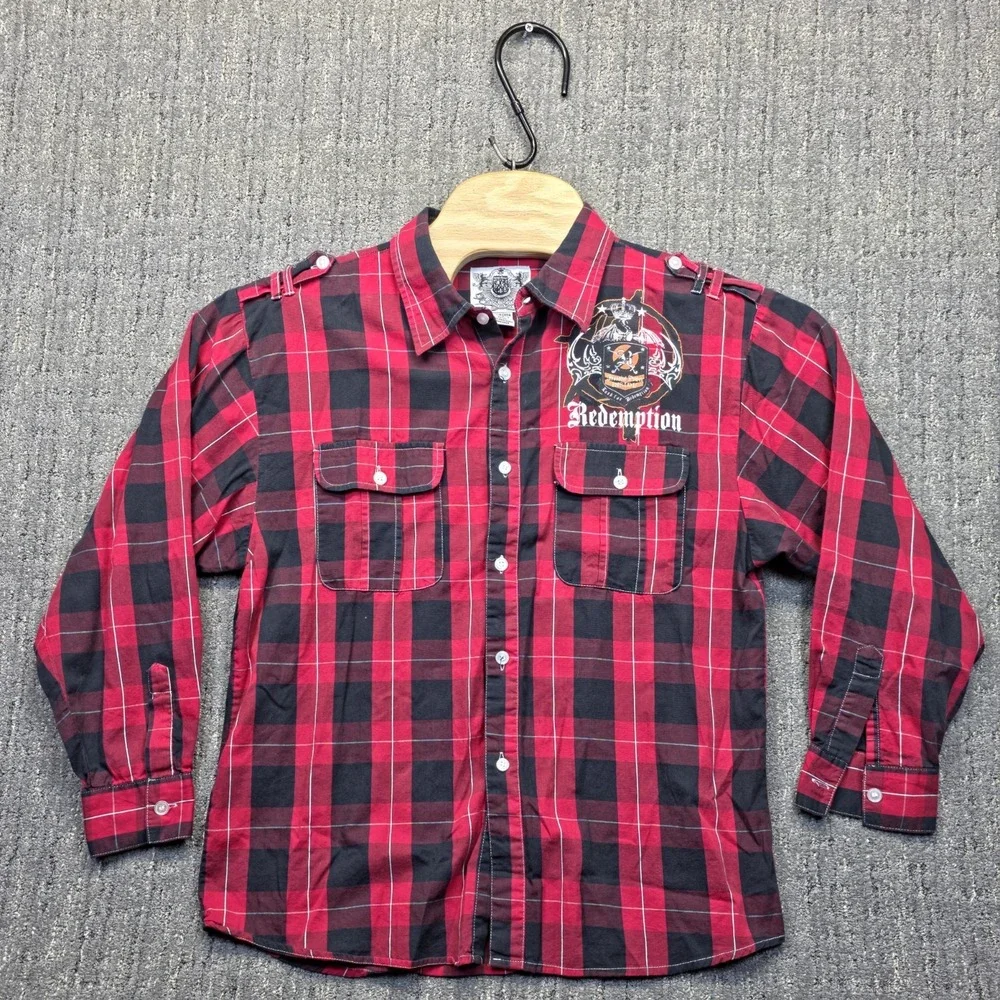 Respect & Honour Boys XL 18-20 Redemption Plaid Shirt Red Black Y2K Graphic Cool
